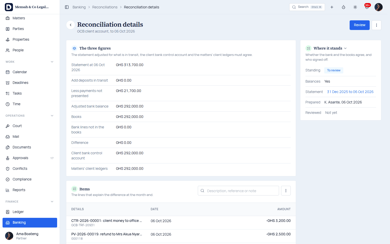 Client account reconciliation in Docavra