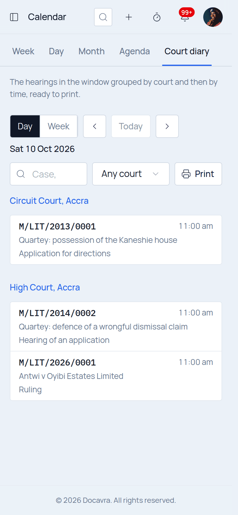 Court diary and deadlines in Docavra, on a phone