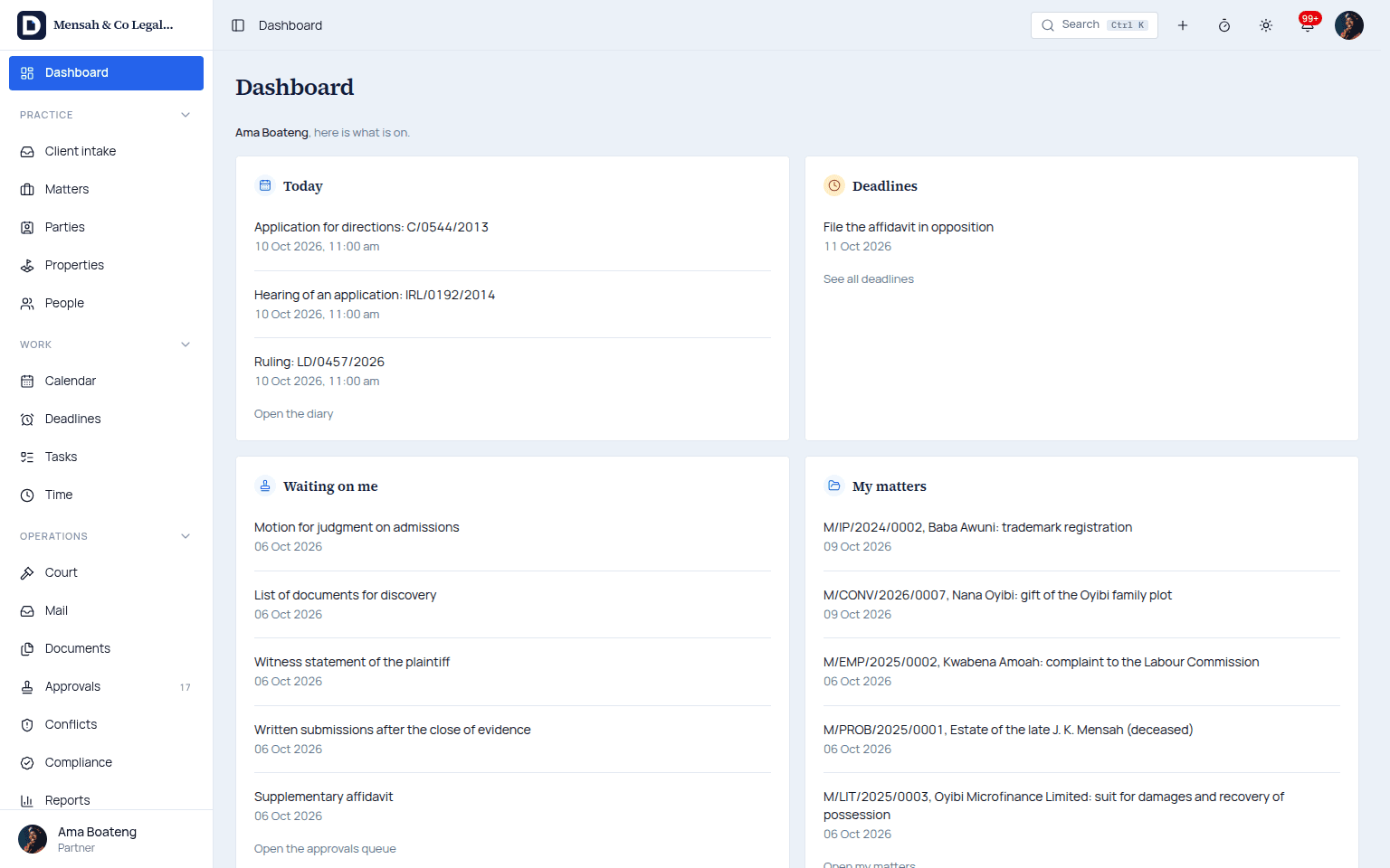 The Docavra dashboard: today's hearings, the deadlines due, what waits on the partner's approval and their matters.