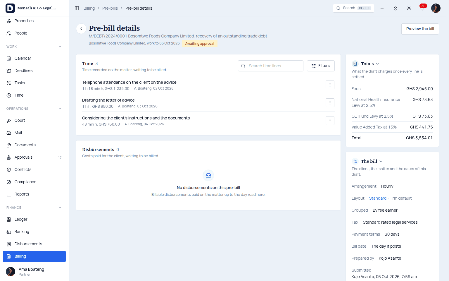 Pre-bill and invoice in Docavra