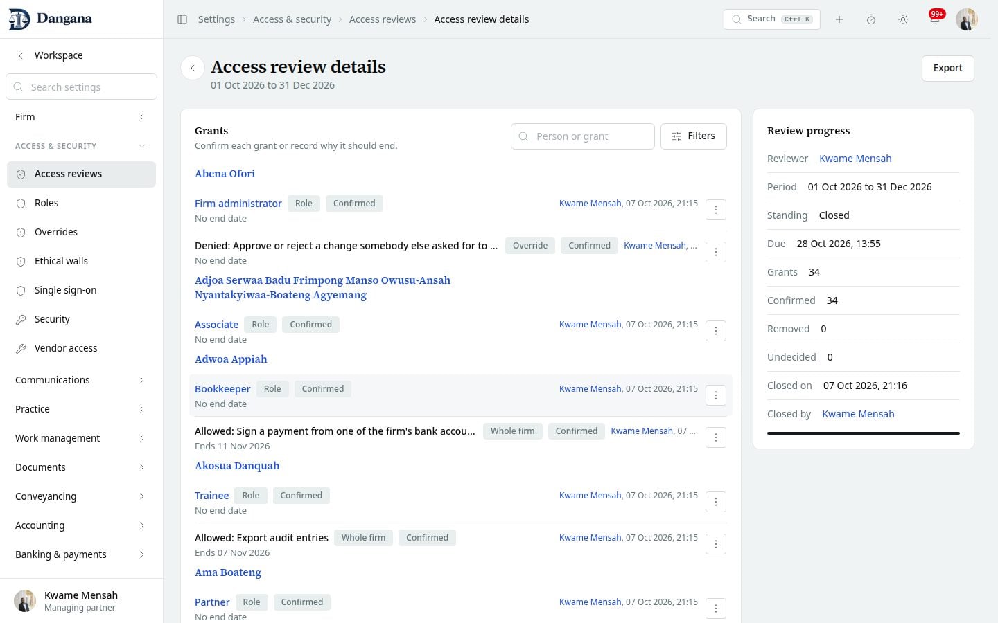An access review with grants grouped by person and its progress.