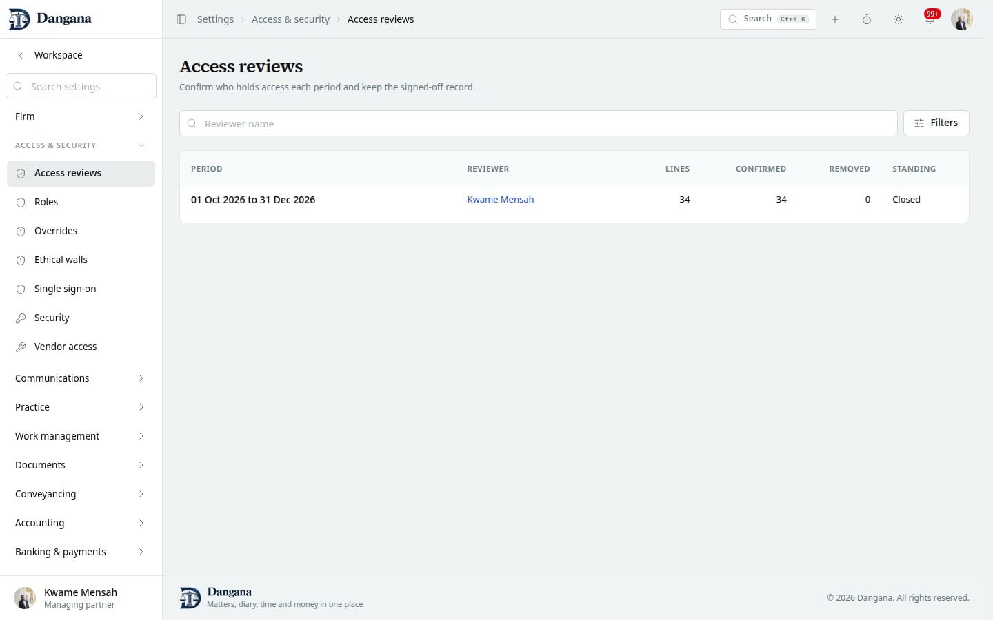 The access reviews register with periods, reviewers and progress.