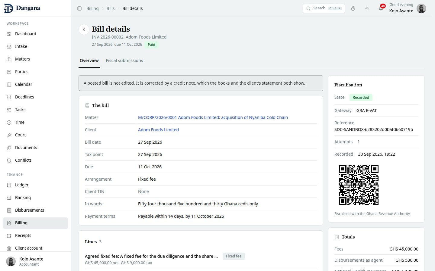 A bill with its fiscal reference and QR code in the rail.