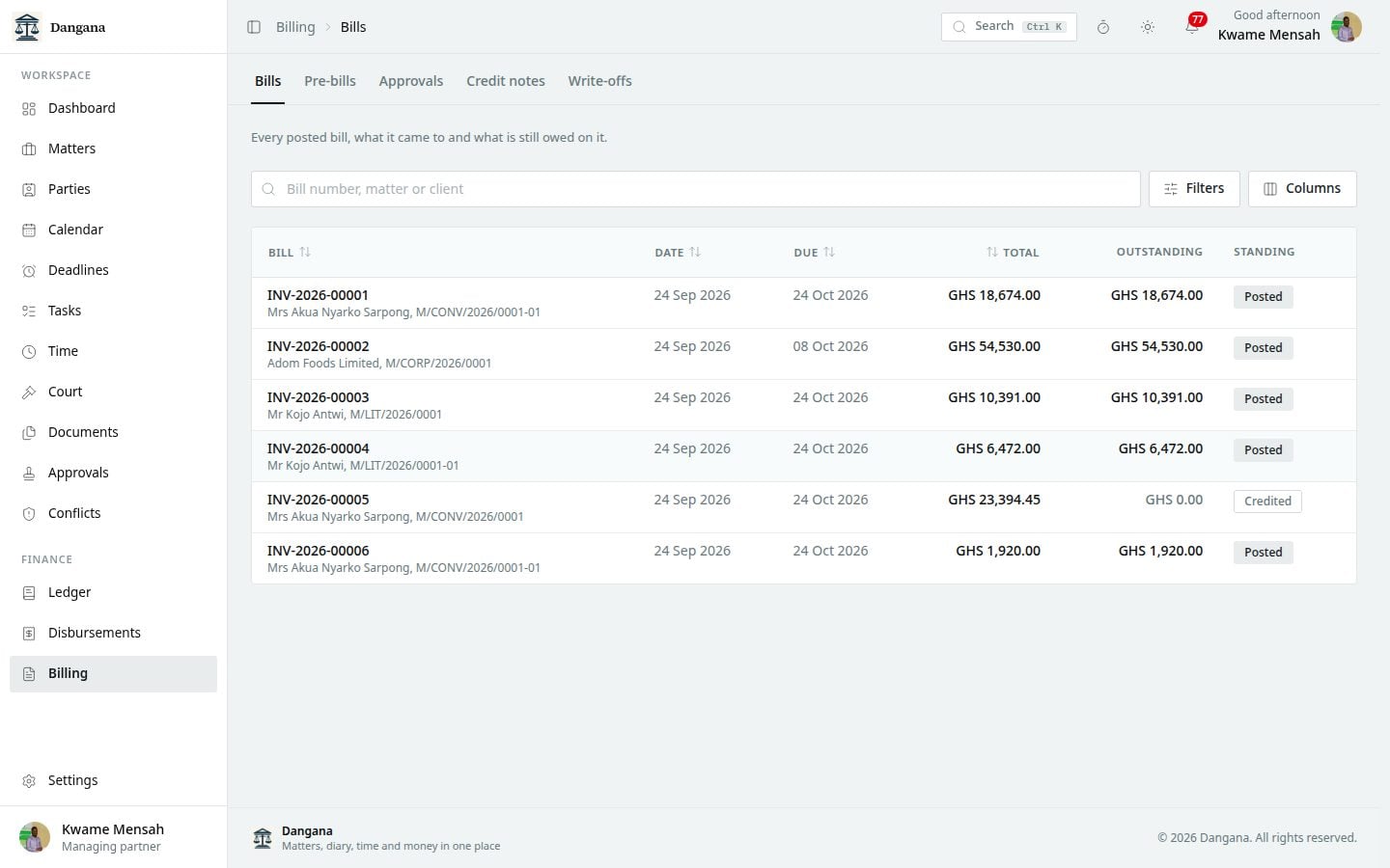 Posted bills with their dates, totals, what is still owed and their standing.
