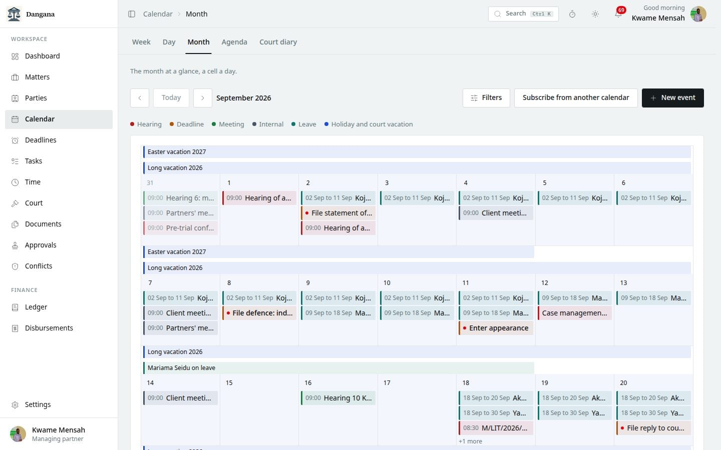 The firm calendar for the month.