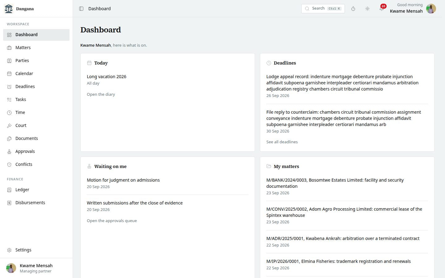 The home dashboard with the day's hearings, deadlines and tasks.