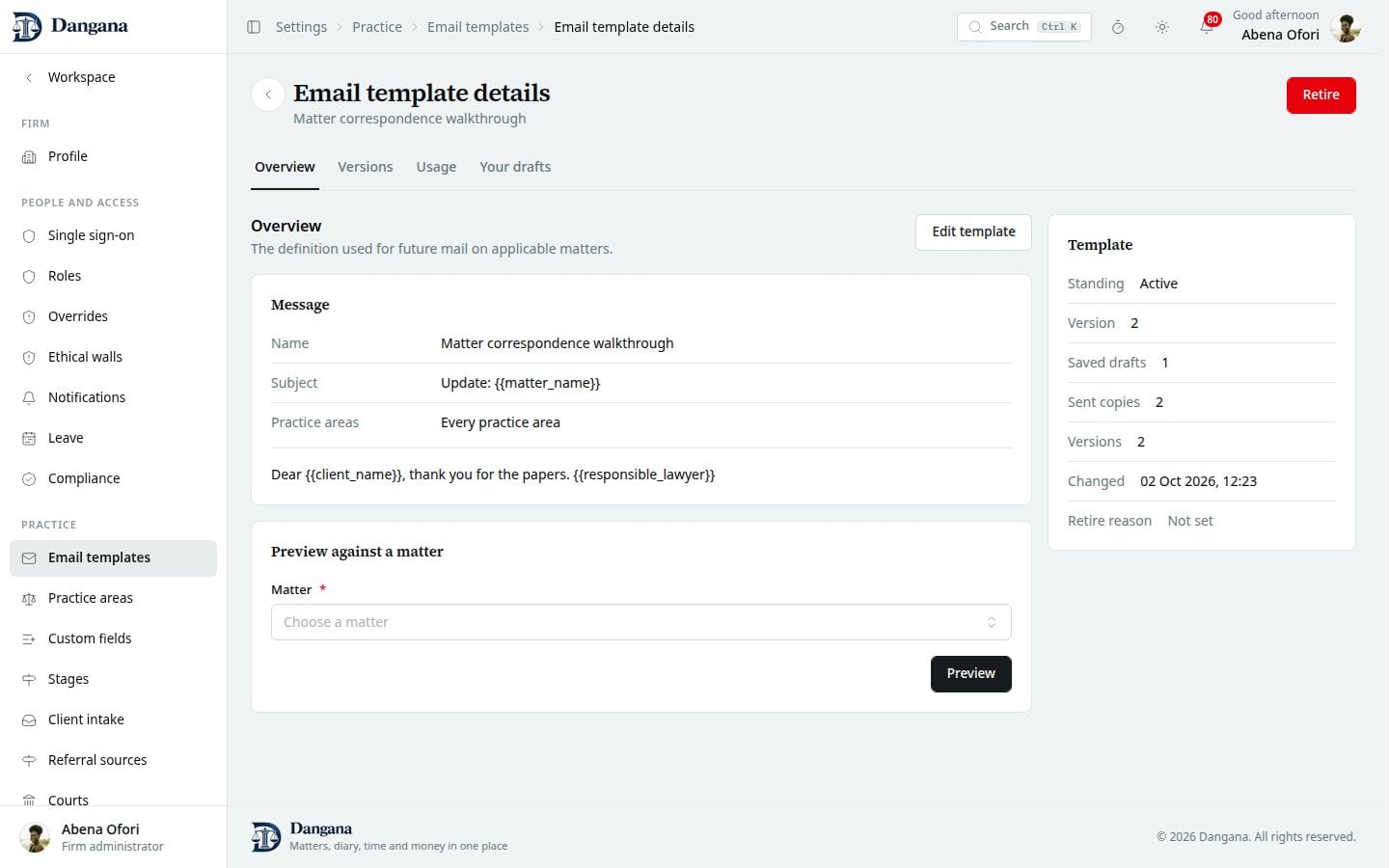A versioned email template with its definition and usage tabs.
