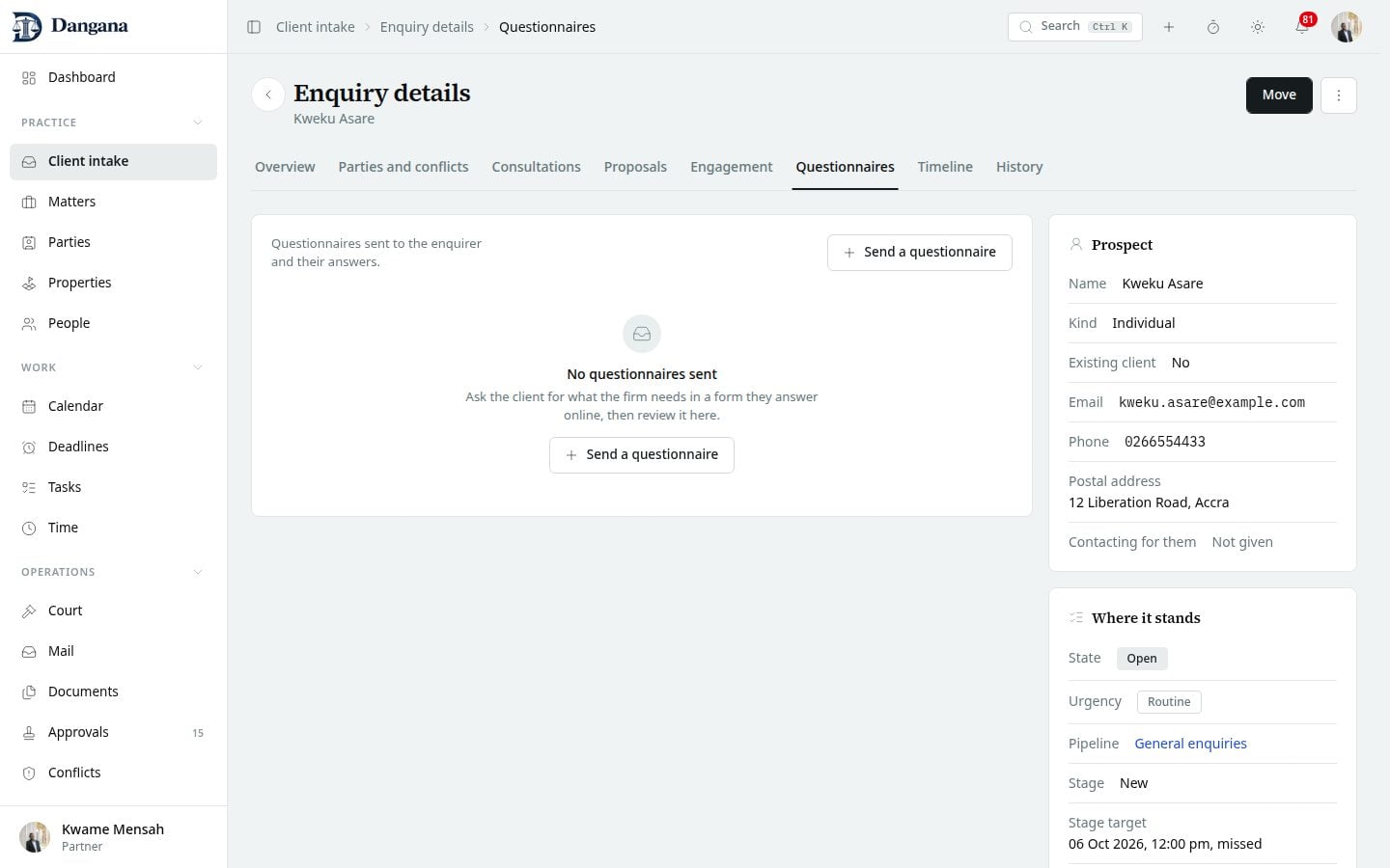 An enquiry's questionnaires, each with who it went to and where it stands.