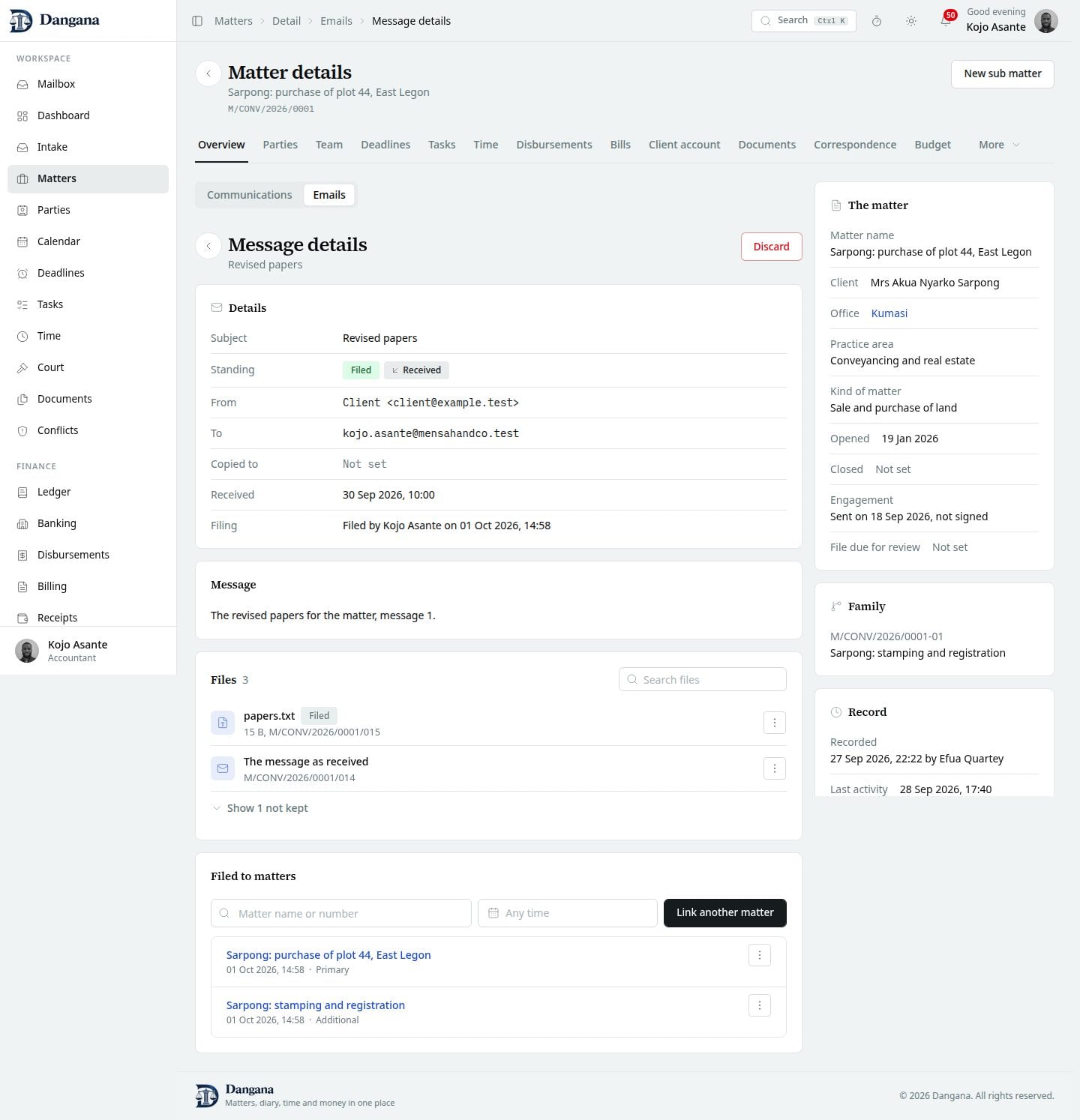 An immutable filed message with every matter link and reasoned unlink controls.