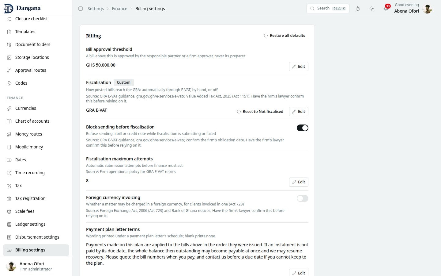 Billing fiscalisation settings, automatic attempt limit and sending policy.