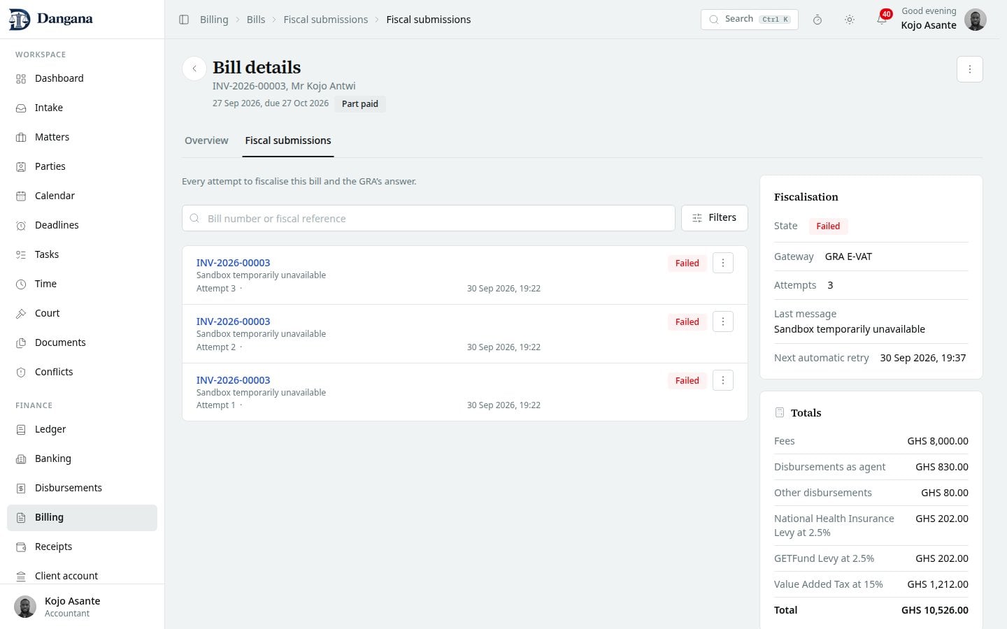 A bill's dated fiscal attempts with state and submission date filters.
