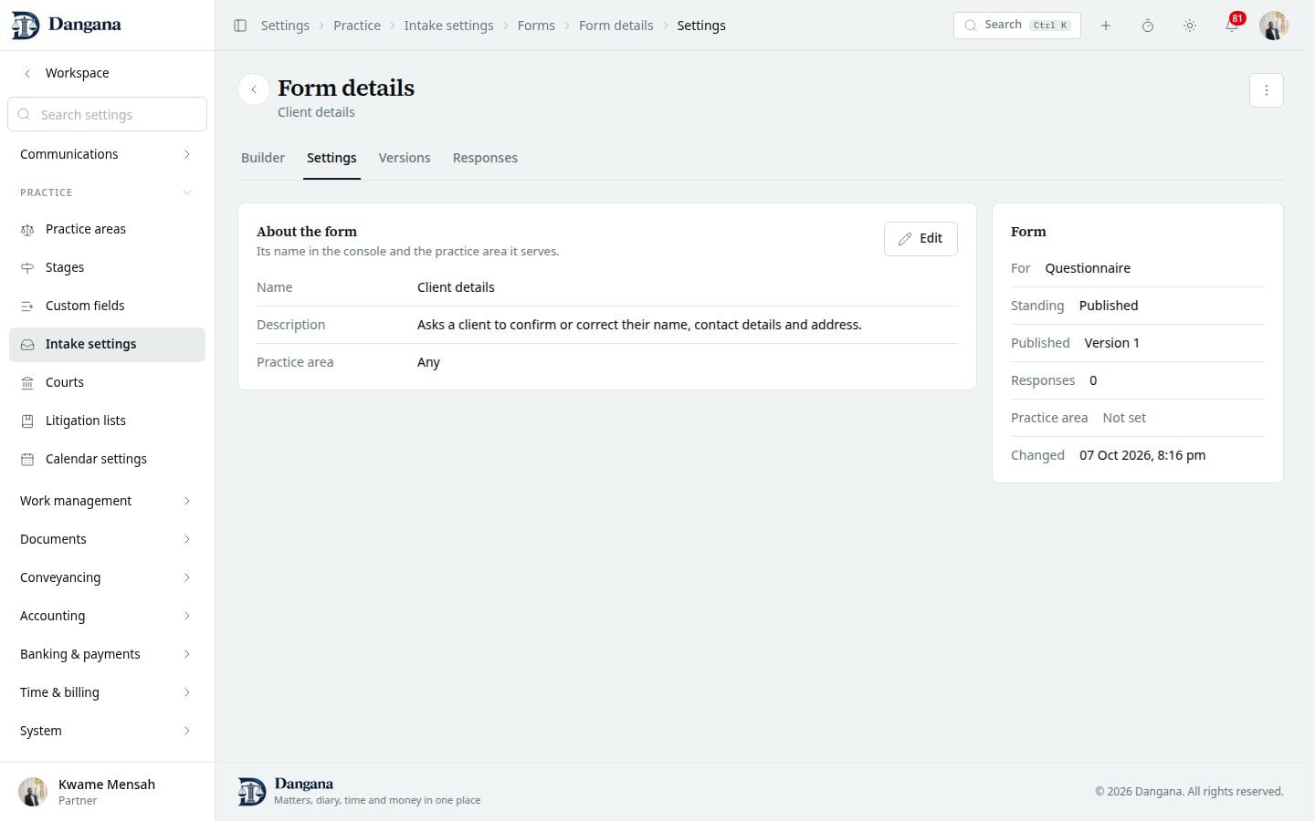 A form's settings: its link and QR code, where enquiries go, uploads, consent and what the person sees after sending.
