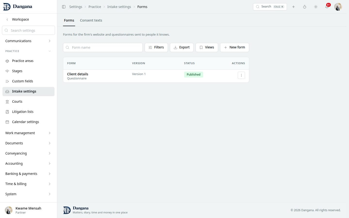 The forms register with each form's purpose, version in use, responses and status.