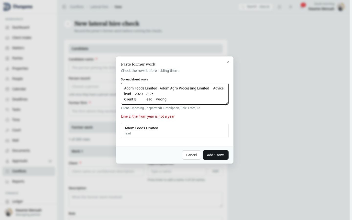 The spreadsheet paste preview with validation errors.