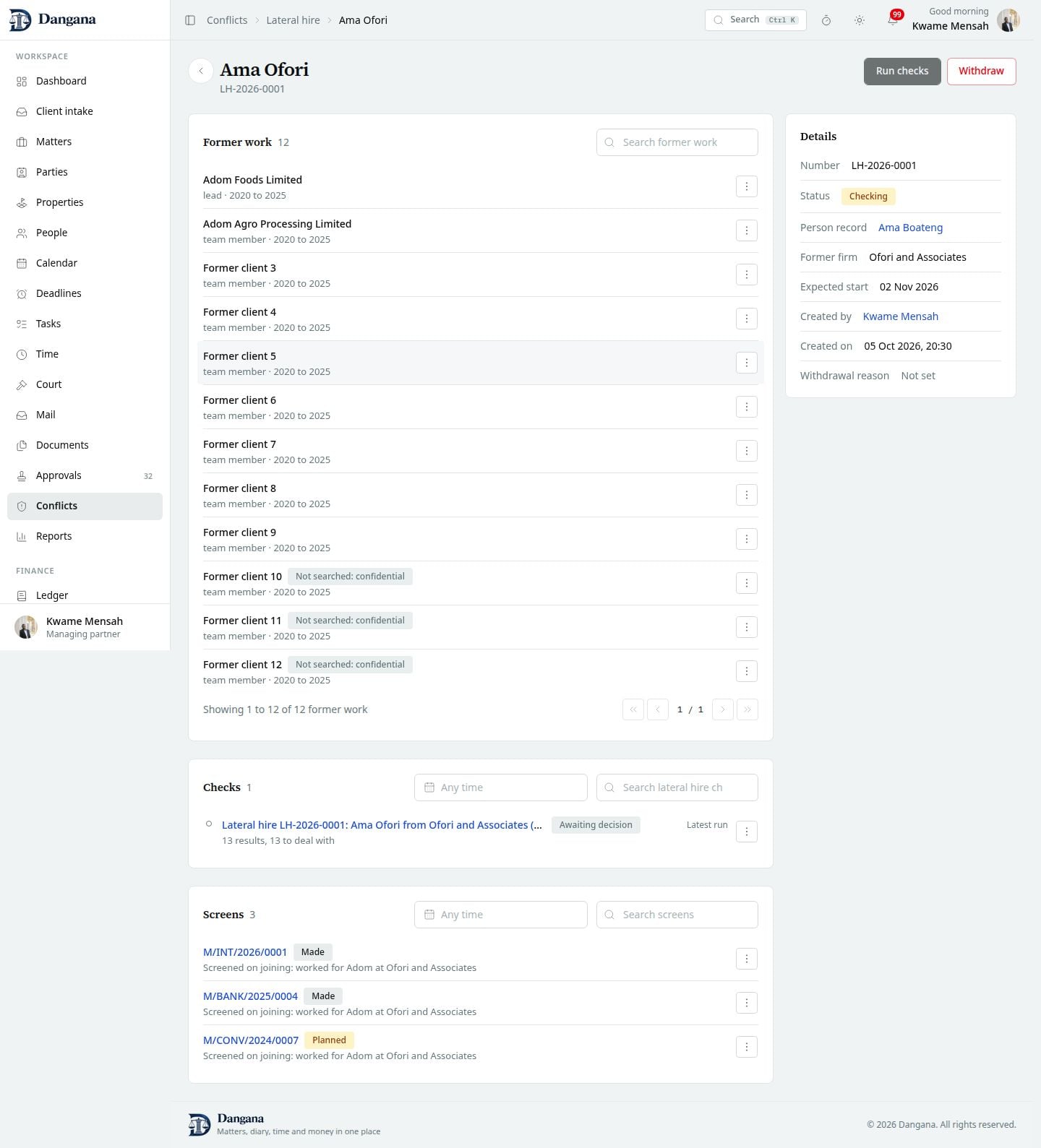 A lateral hire record with work, checks and screens.