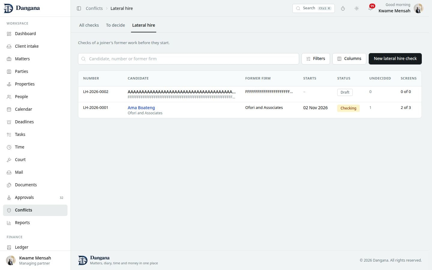 Lateral hire checks with status and screen counts.