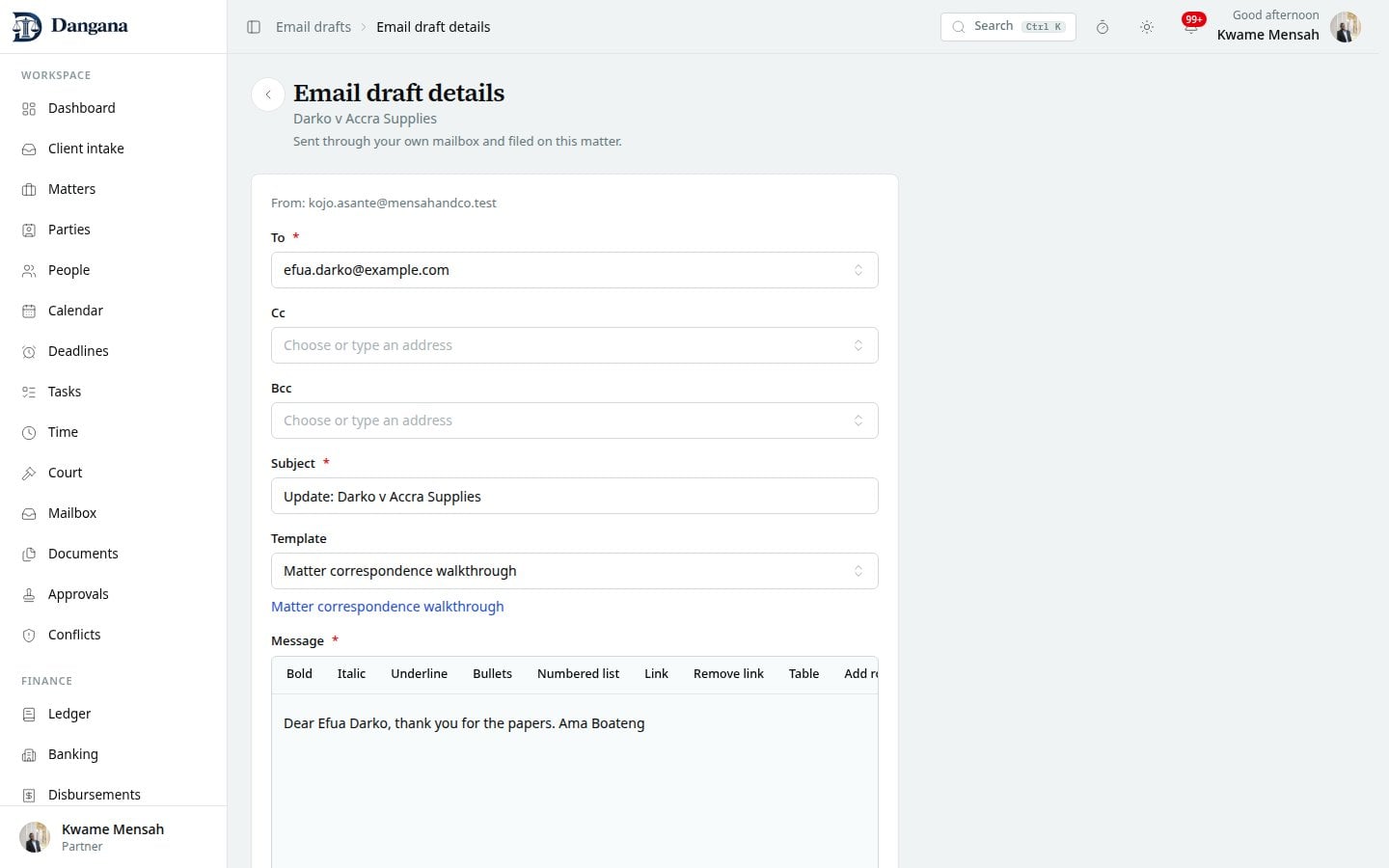 A personal mailbox draft with recipients, rich text, attachments and signature.