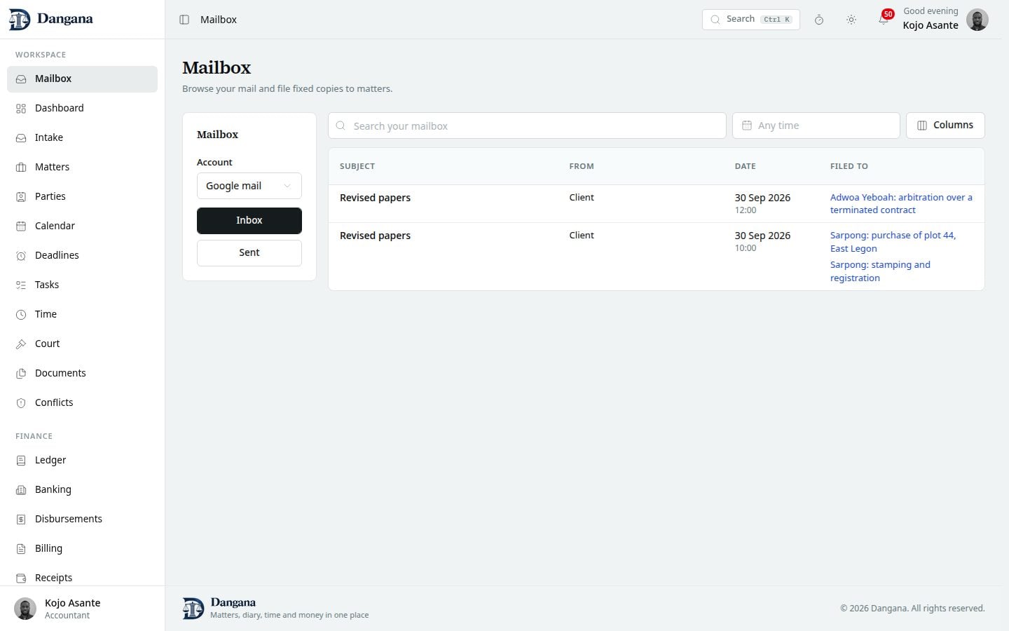 Your connected mailbox in Mail, with its inbox and filing links.