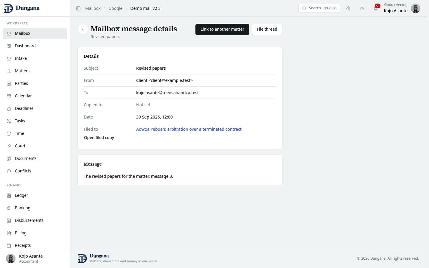 A live mailbox message open in Mail, with its file-to-matter controls.