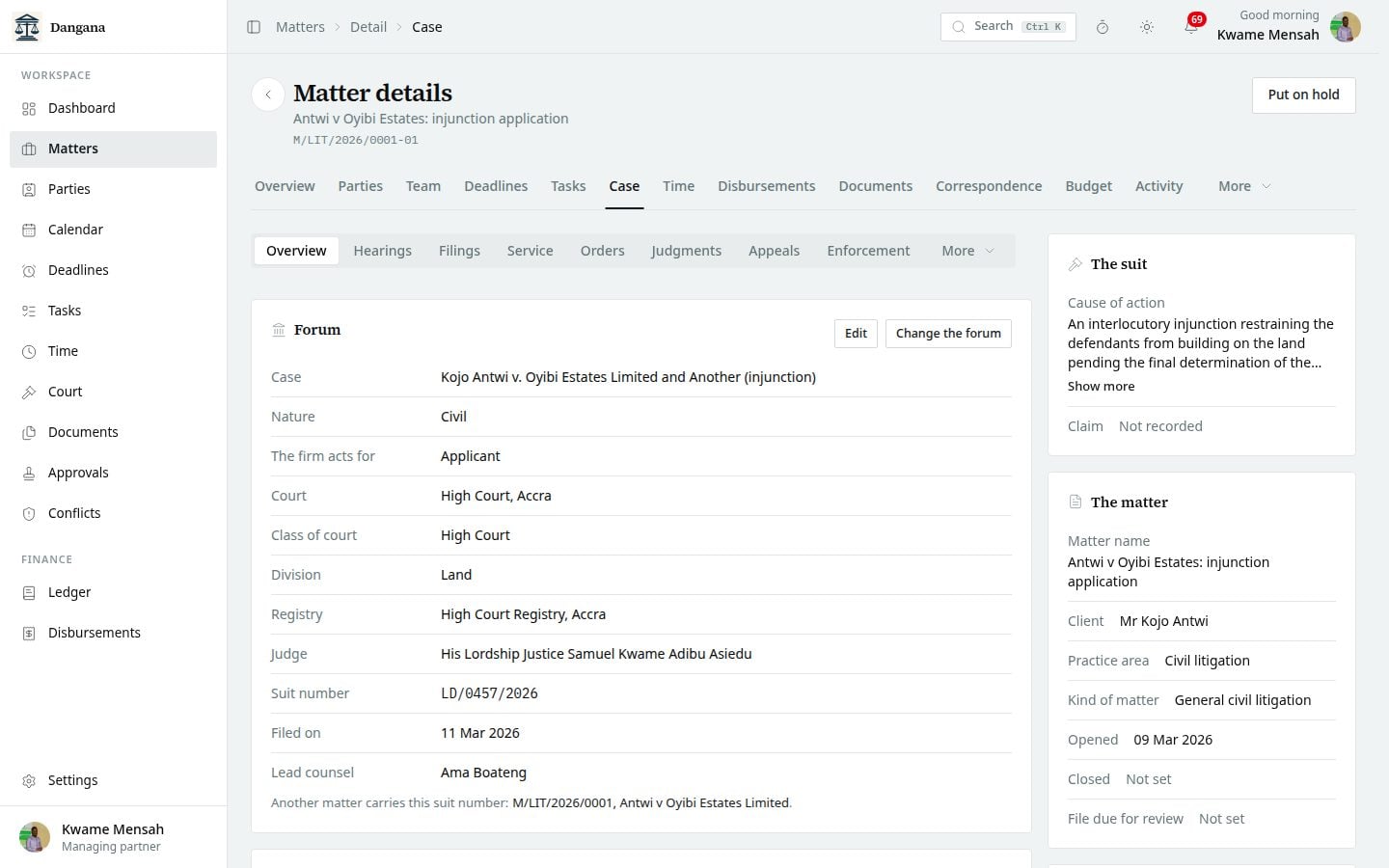 A suit's case record: its forum, status and what the court did.