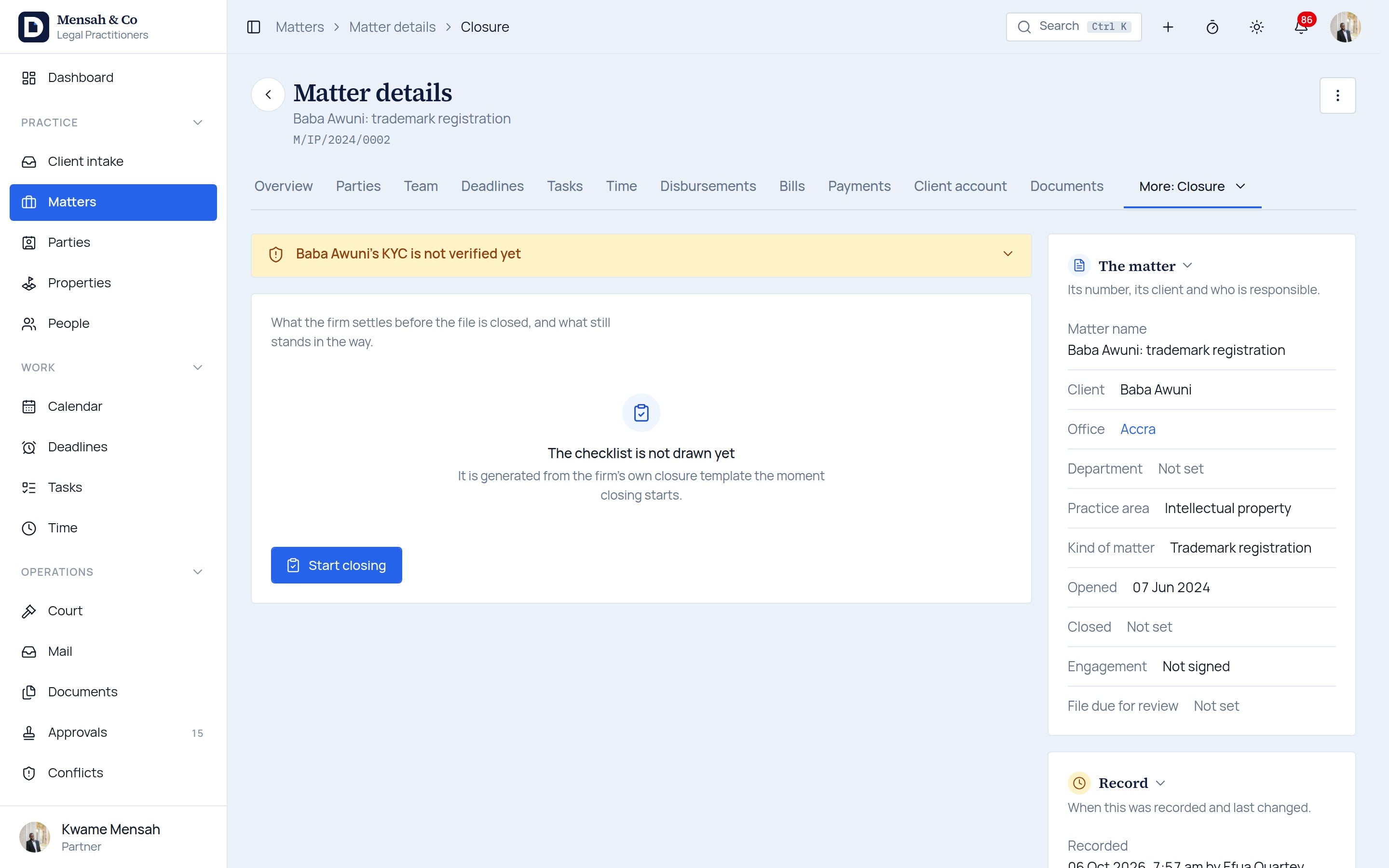 A matter's closure checklist with what still blocks the close.