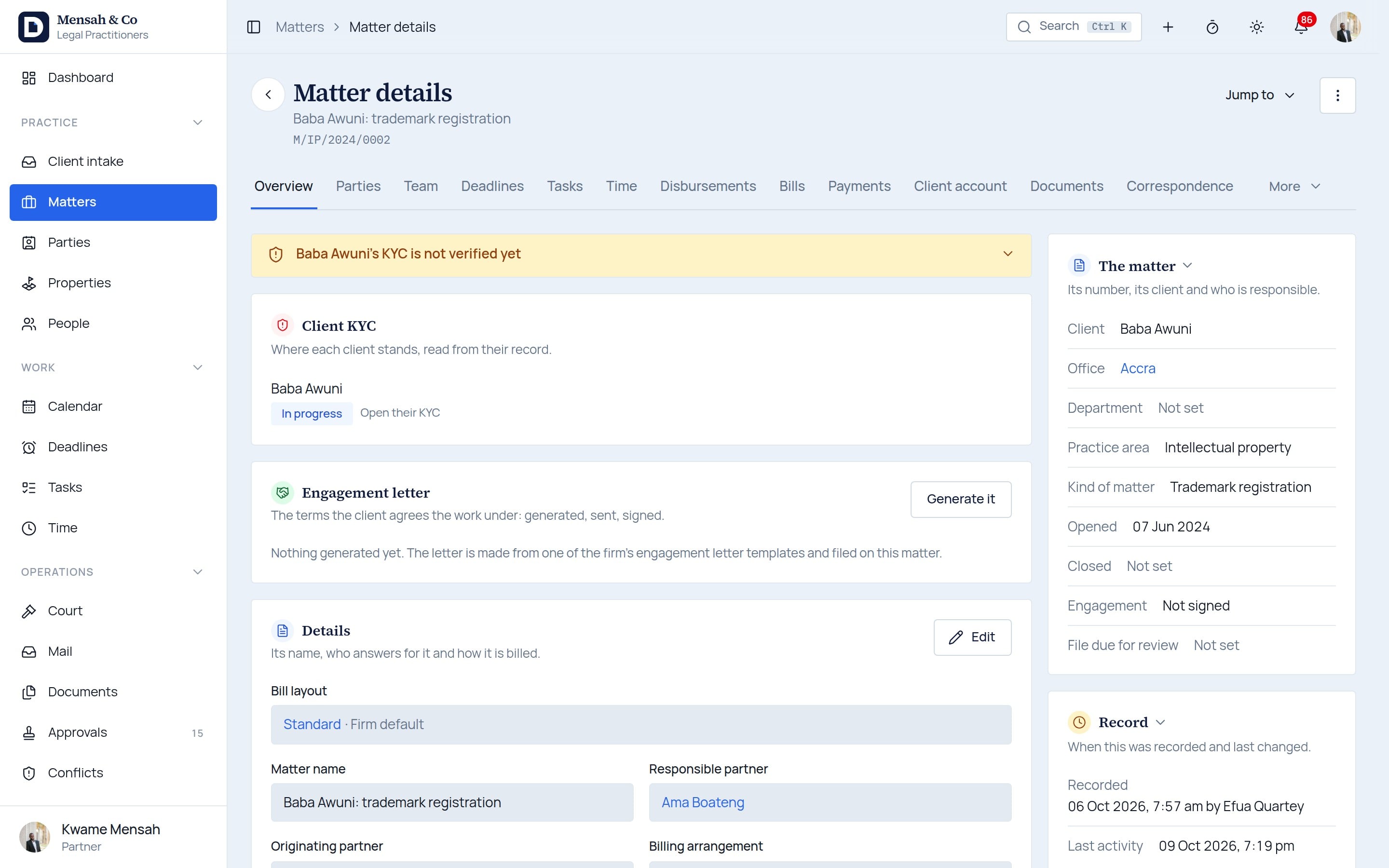 The matter dashboard: parties, team, standing, key dates and budget.