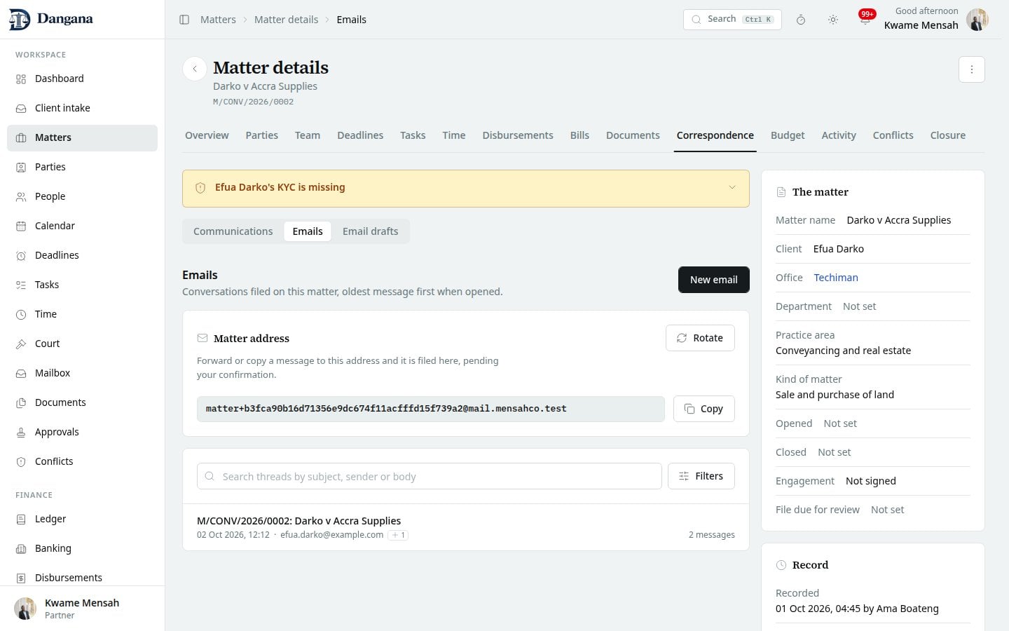 Matter conversations with search, source and date filters.
