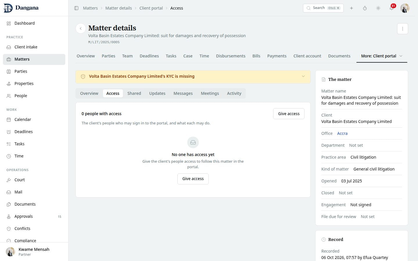 The client's people with portal access, what each may do and who gave it.