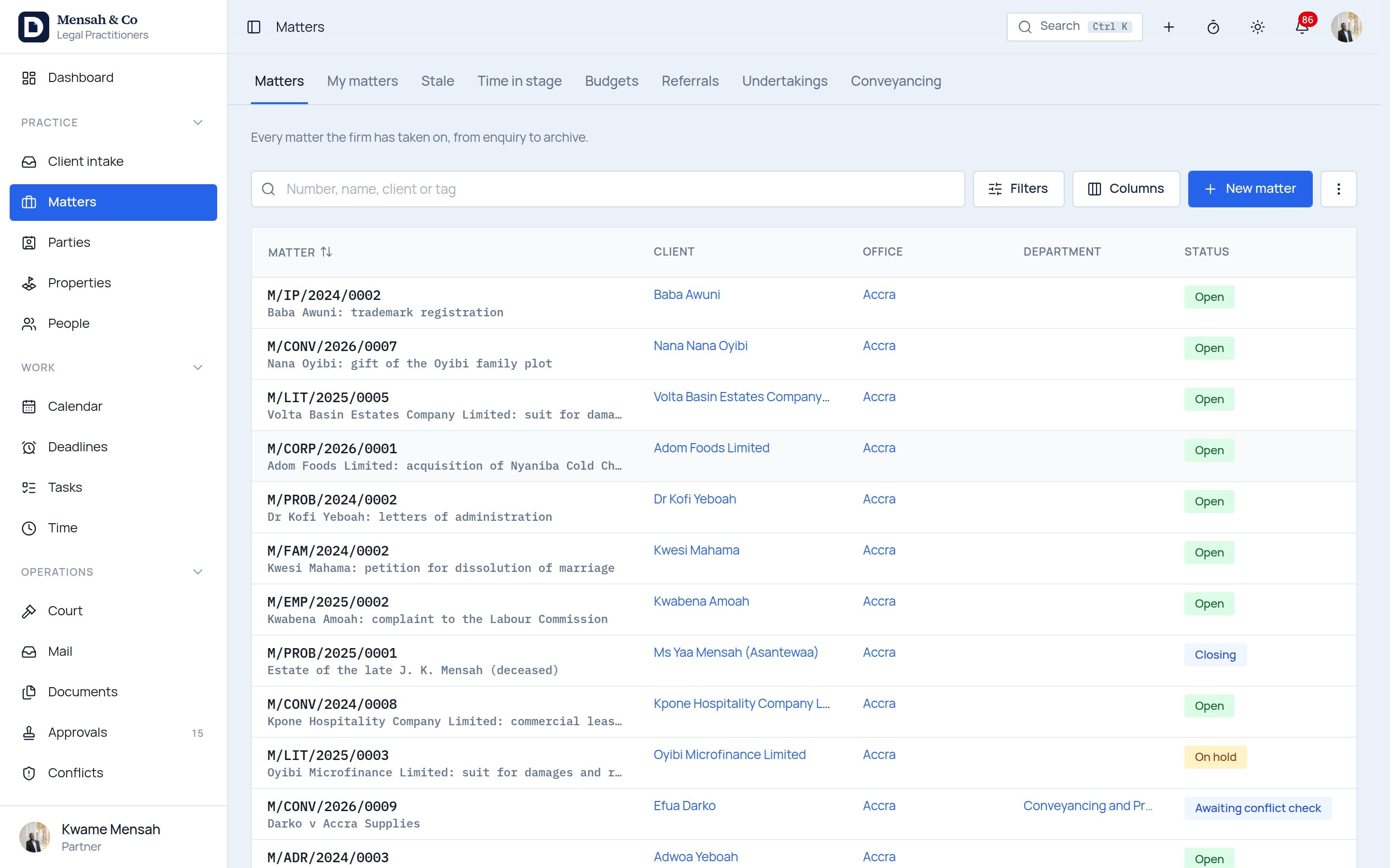 The matter register with its filters and saved views.