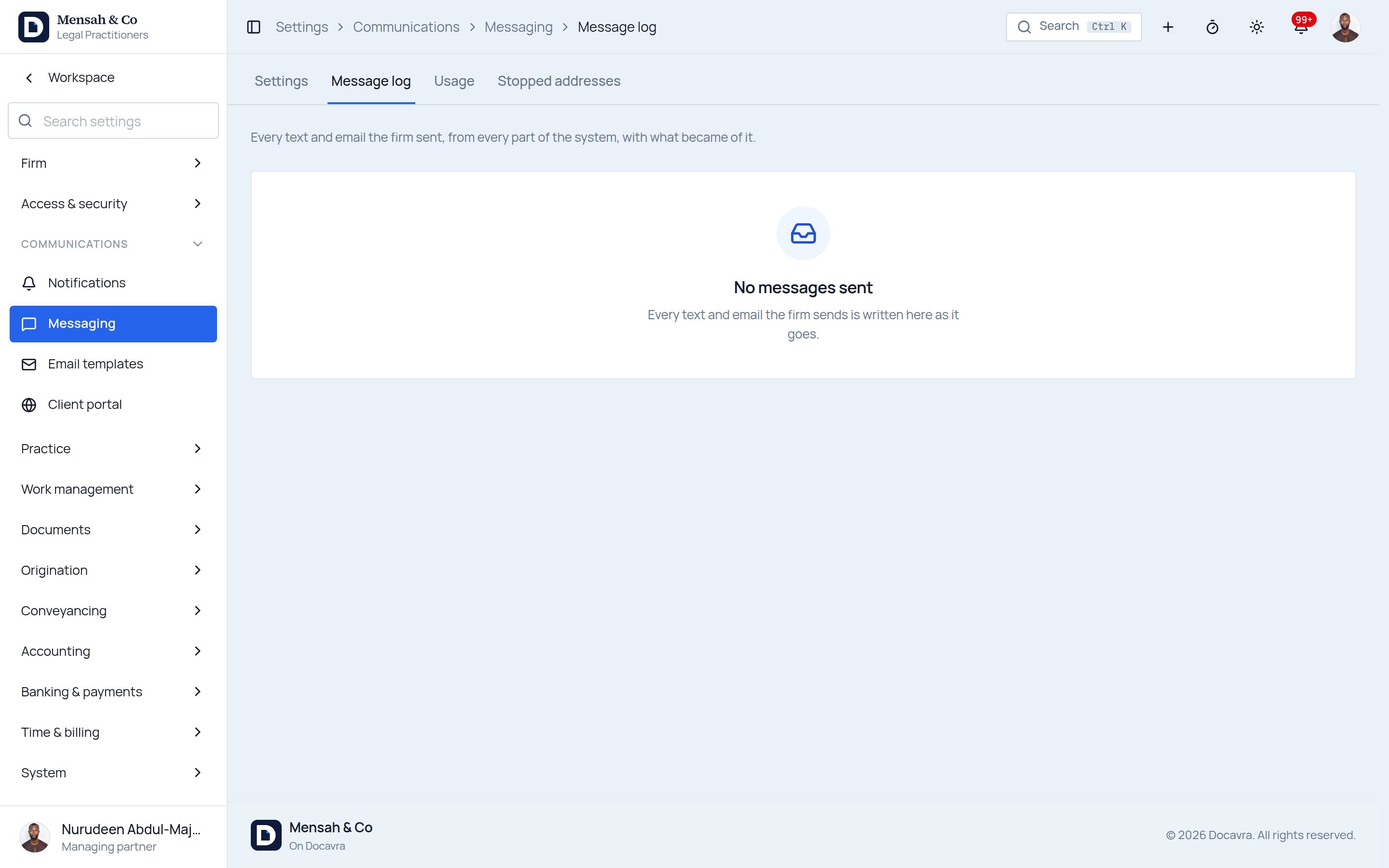 Every text and email the firm sent, with its status and provider.