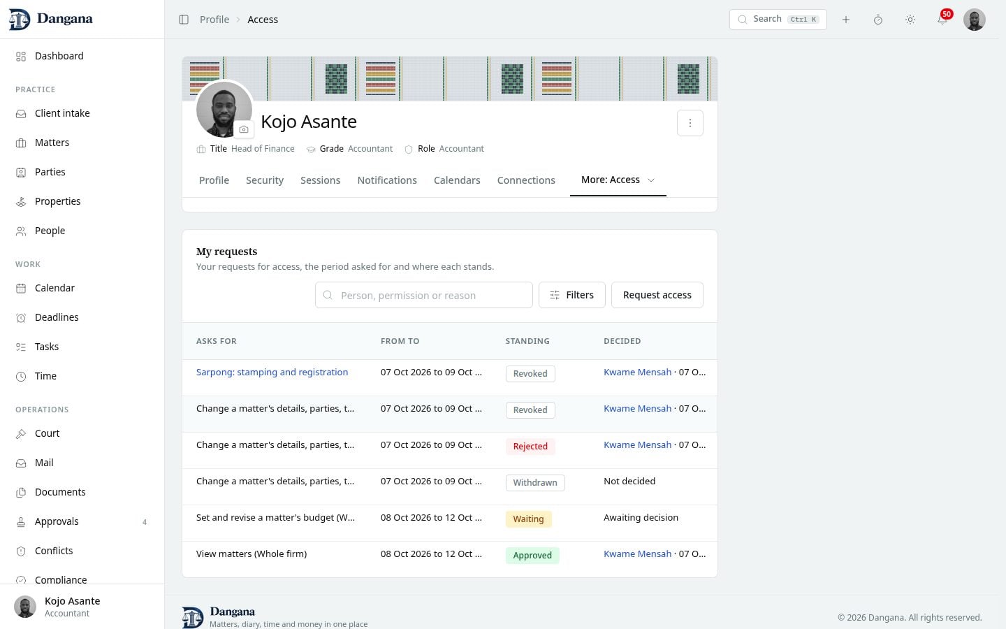 My access requests, with permissions, date ranges and standing.