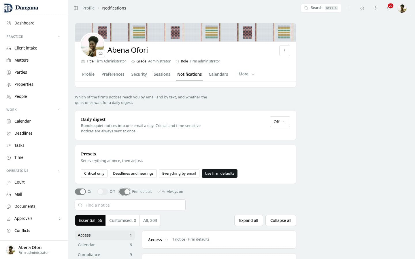 The notification catalogue grouped by subject, one row per kind of notice and a column per channel.