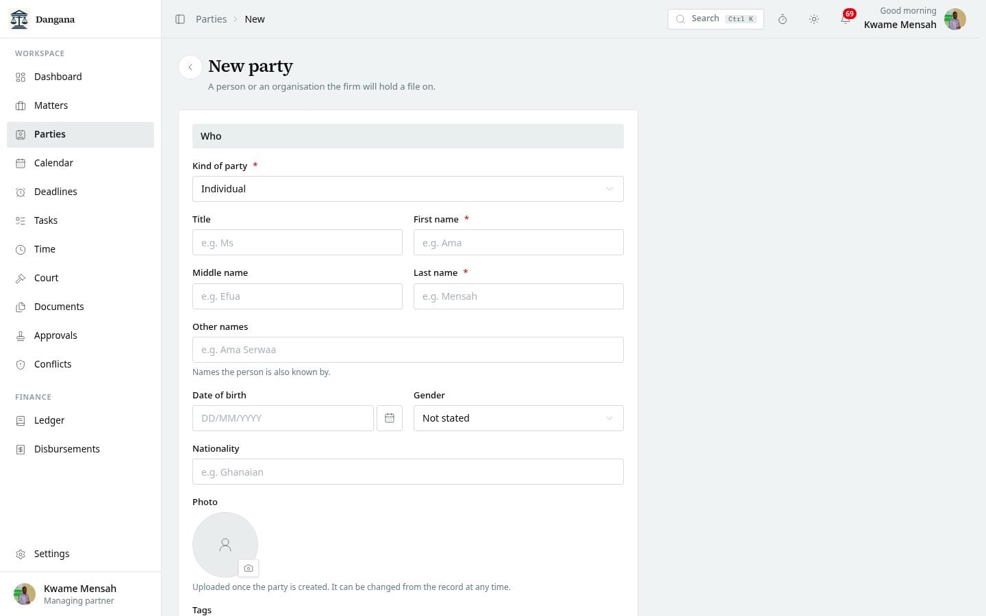 The form to add a person or an organisation to the register.