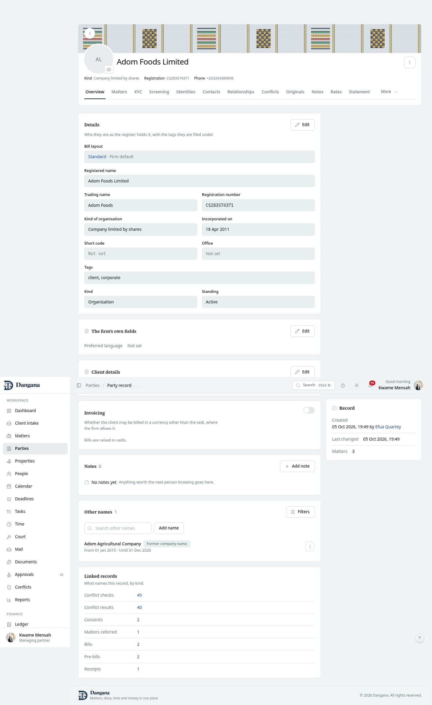 Other names on a party overview.