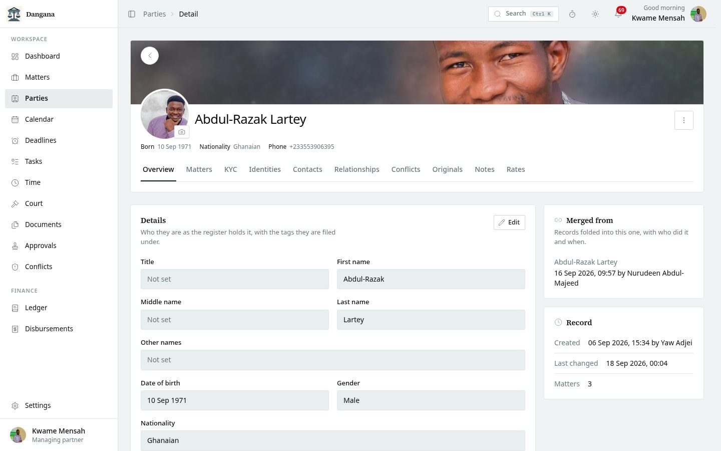 A party's record with contacts, identities and relationships.