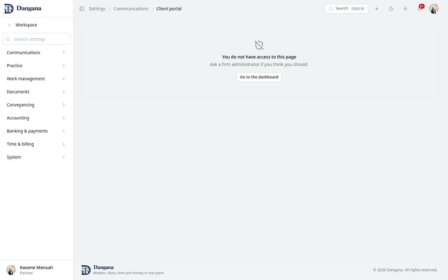 The firm's settings for its client portal.