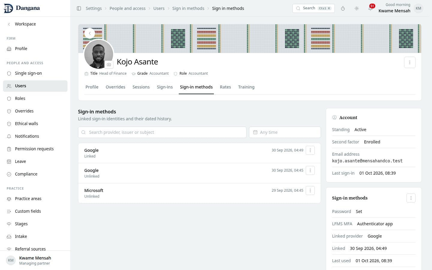 A person's linked sign-in identities and retained unlink history.