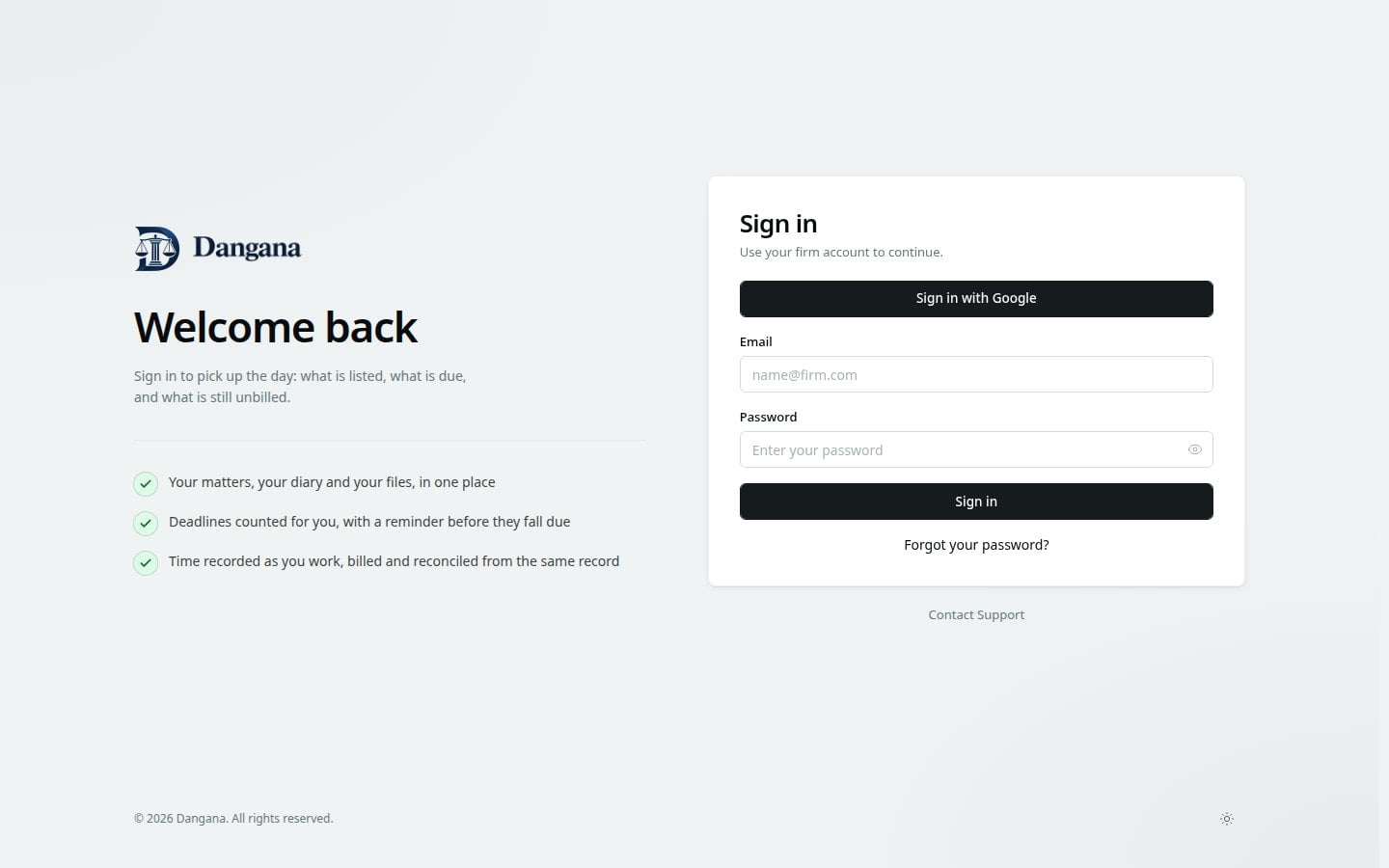 The sign-in page with the firm's provider button before the password form.