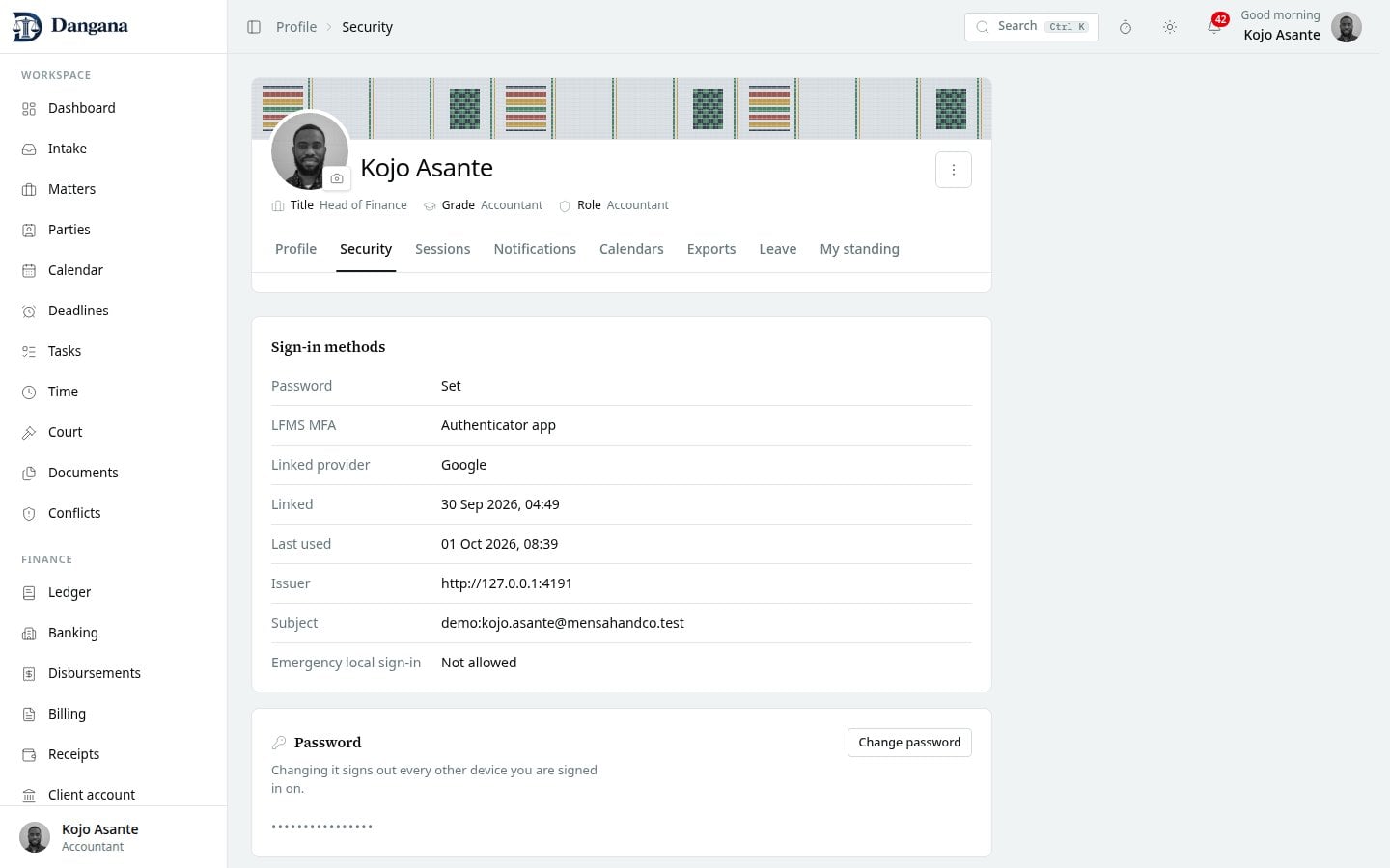Your linked provider identity on the Security page.