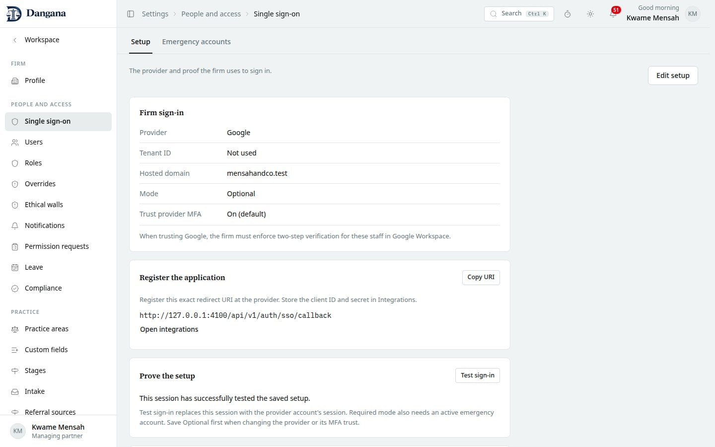 Single sign-on setup with provider, redirect URI and test readiness.