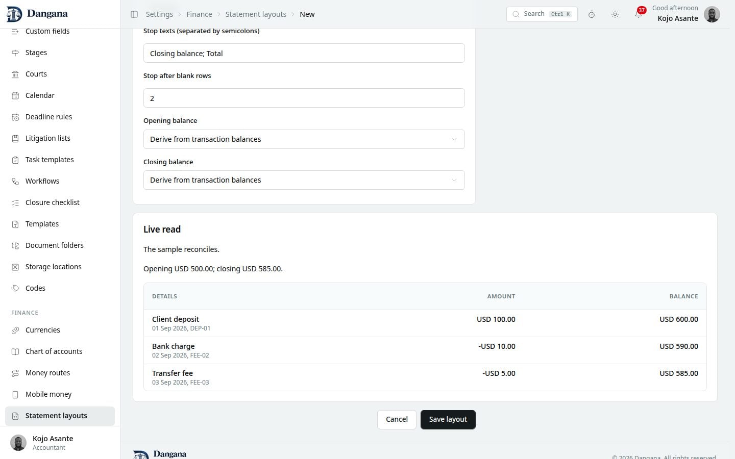 A complete sample read with its balances, transactions and enabled layout save.