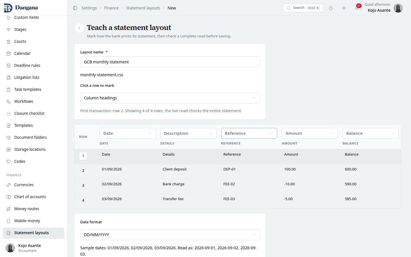 Teaching a bank statement layout with the mapped sample grid and live reconciliation.