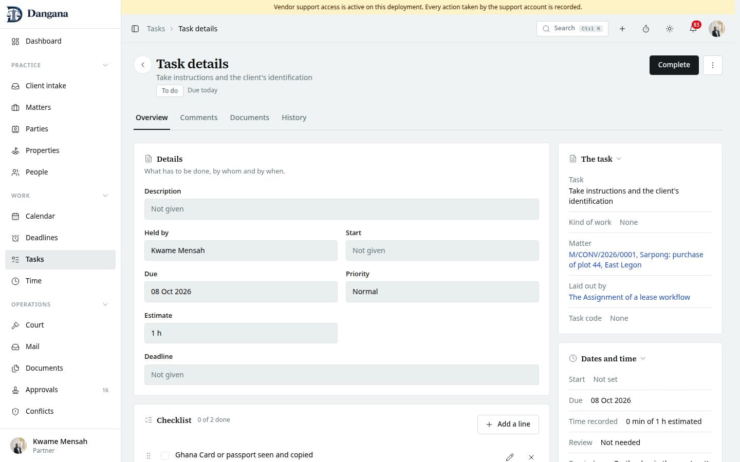 A task with its people, dates, time against the estimate and review.