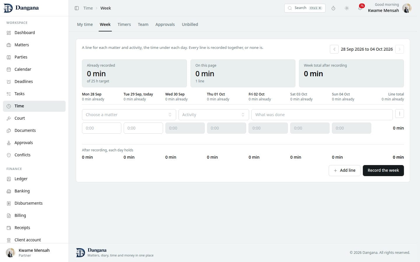 The week grid, with each day's entries valued as they are saved.