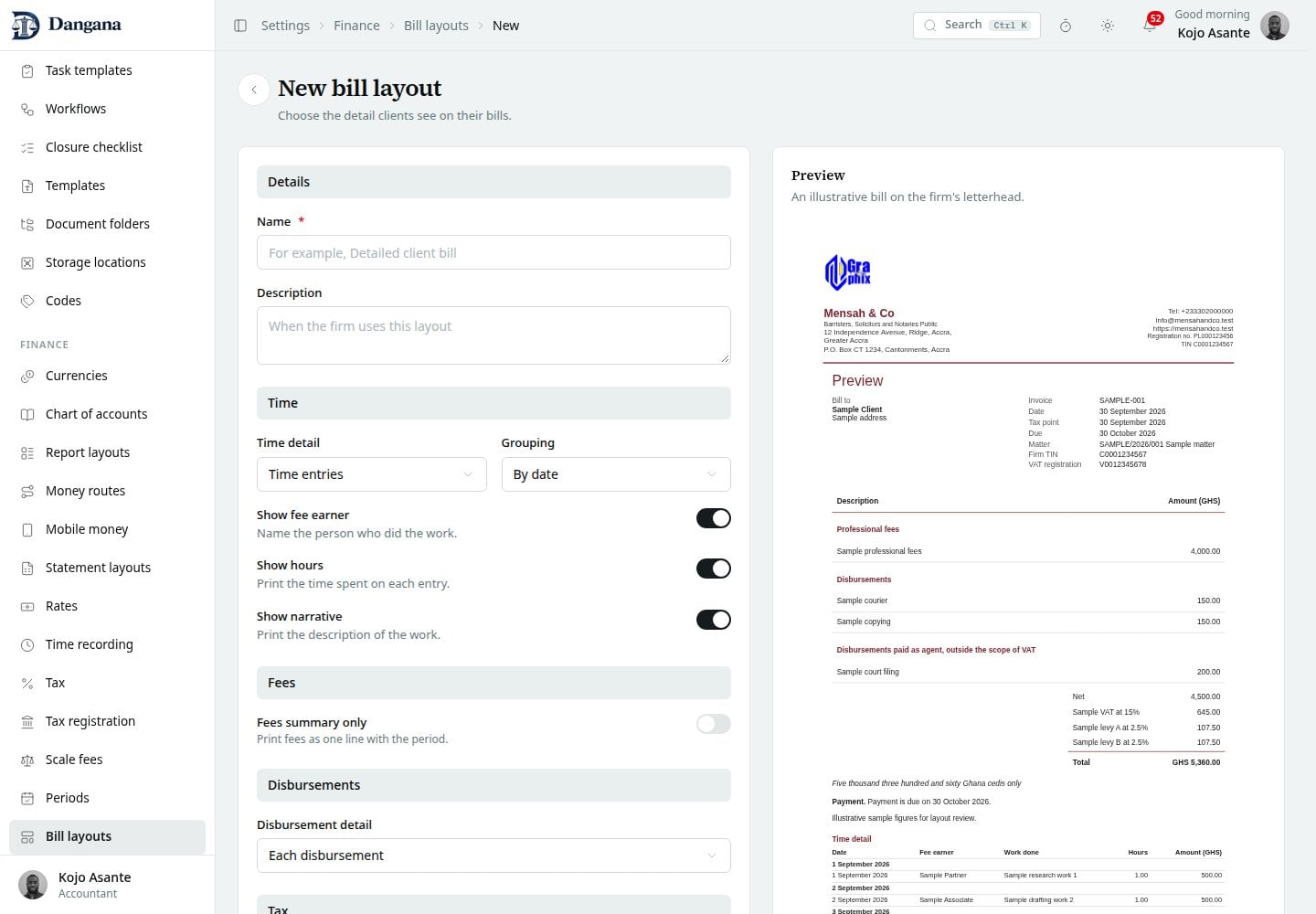 Bill layout settings beside a sample preview.