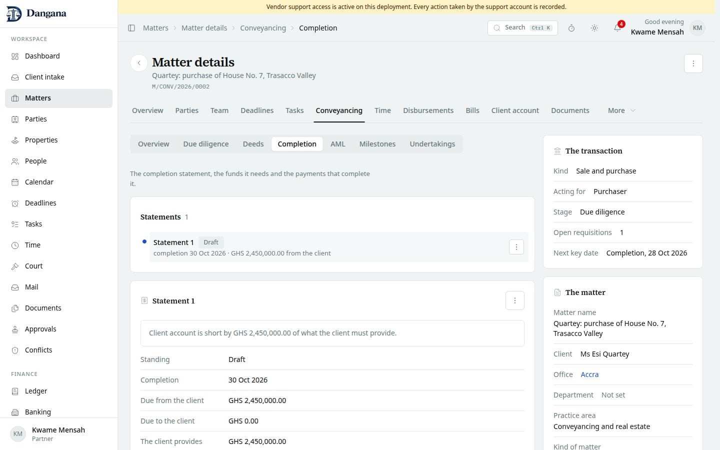 The completion statement with what the client provides and what is held in client account.