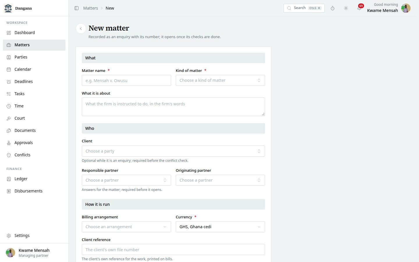 The form to open a matter from its type, client and partner.